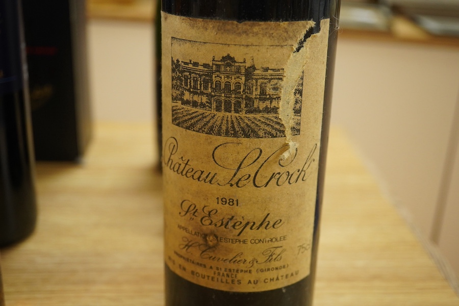 Ten bottles of wine, champagne, port and spirits to include Aberlour single highland malt whisky, Kressman Armagnac, Chateau LeCrock 1981, etc. Condition - storage conditions unknown